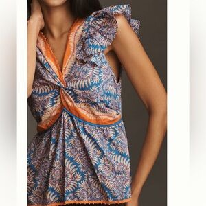 Anthropologie Blue and Orange Patterned Top